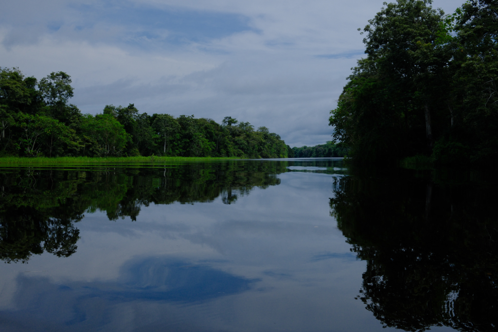Expansive Amazon River landscape with rainforest reflections under dramatic skies