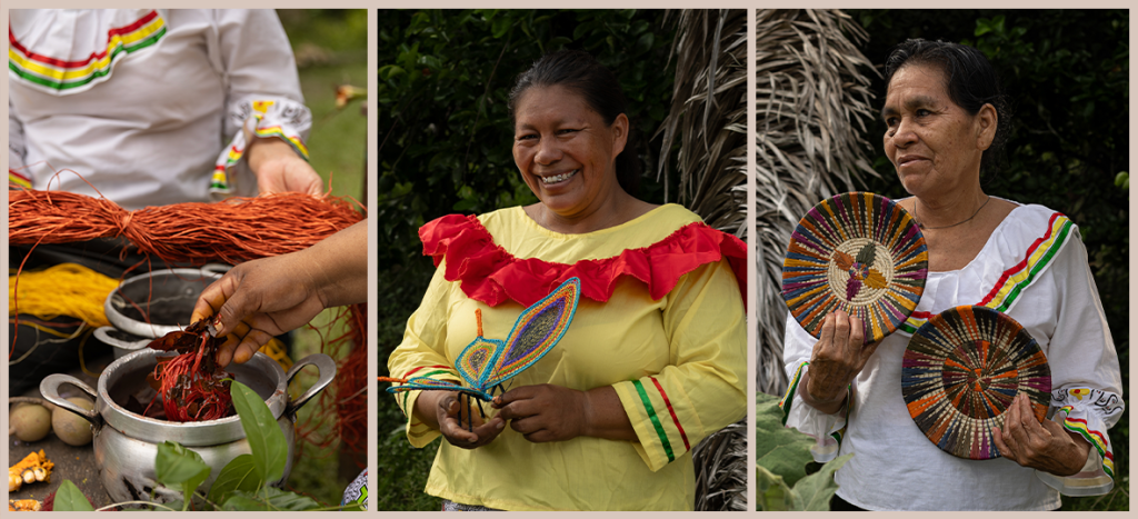 Close up of hands weaving natural fibers in the Amazon