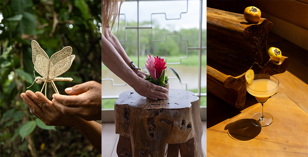Amazonian artisan butterfly made of natural fibers, floral arrangement by the river, and signature cocktail aboard a luxury Amazon cruise