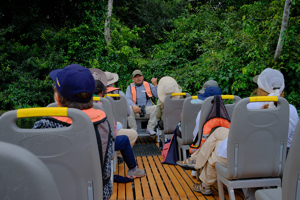 Amazon sunset view from river cruise skiff  overlooking water