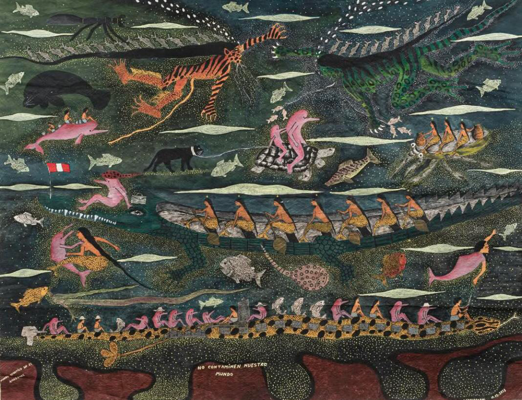 Amazonian mythological painting depicting aquatic life, animals, and ancestral scenes in the Peruvian Amazon, featured by Delfín Amazon Cruises