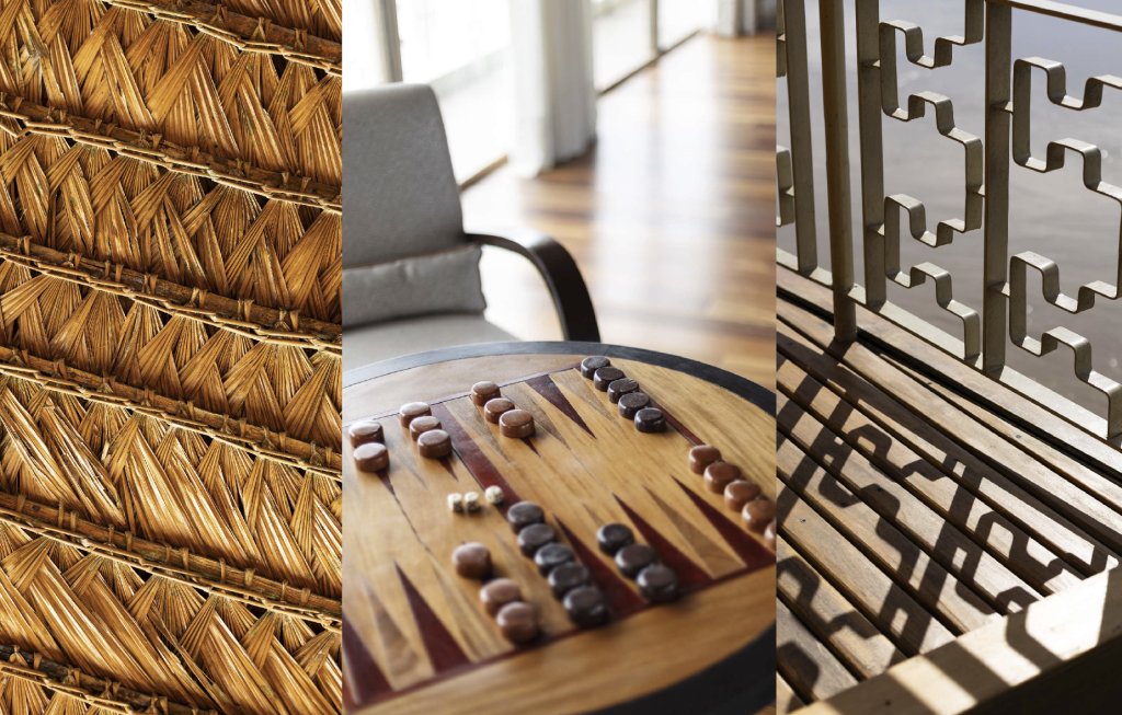 Amazonian textures and onboard design details at Delfín Amazon Cruises including woven fibers and wood finishes