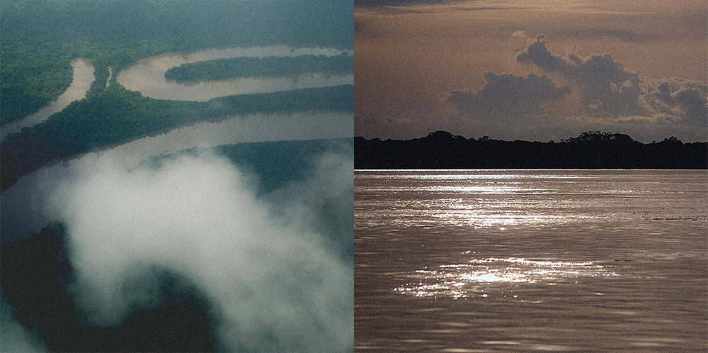 Amazon river seen from above with mist and golden reflections at sunset
