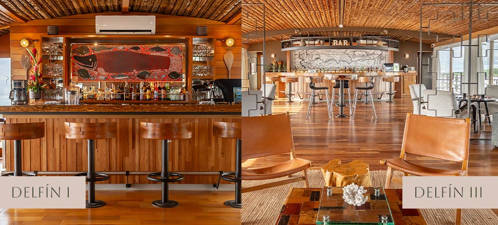 Interior lounge and bar comparison between Delfín I and Delfín III luxury Amazon cruise vessels.