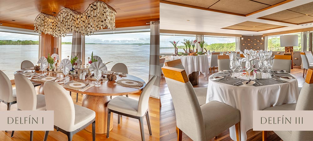 Dining room interiors aboard Delfín I and Delfín III luxury Amazon cruise vessels.