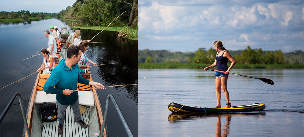 Guests enjoying fishing and paddleboarding excursions in the Pacaya Samiria National Reserve with Delfín Amazon Cruises.