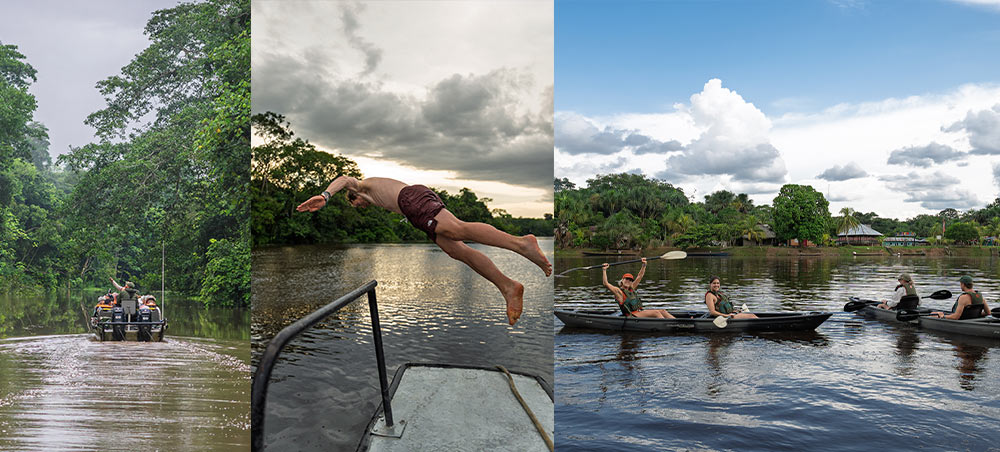 Guests kayaking and swimming during Amazon river excursions with Delfín Amazon Cruises.