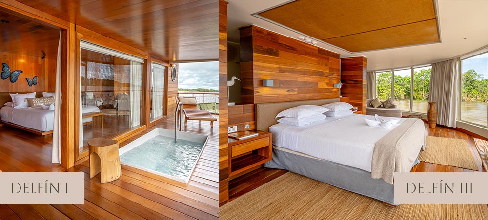 Luxury suite comparison between Delfín I and Delfín III with panoramic Amazon river views.