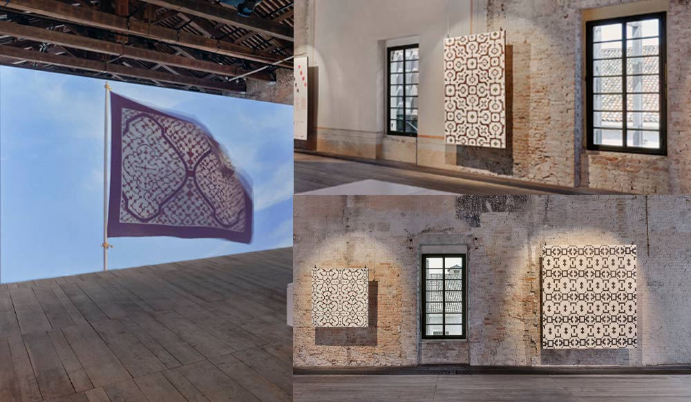 Installation view of De otros mundos, Peru Pavilion, 61st Venice Biennale, with Sara Flores's kené paintings and the Shipibo flag
