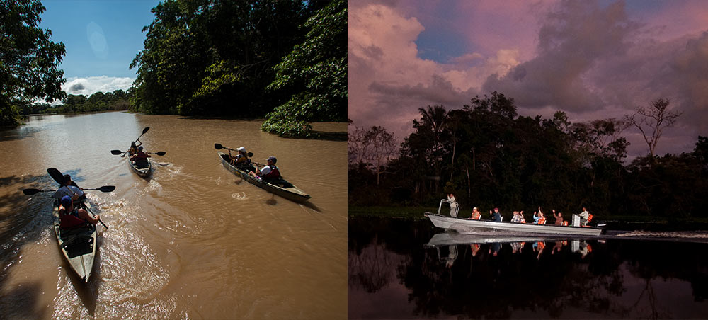 Guests kayaking and exploring Amazon waterways during day and night excursions with Delfín Amazon Cruises.