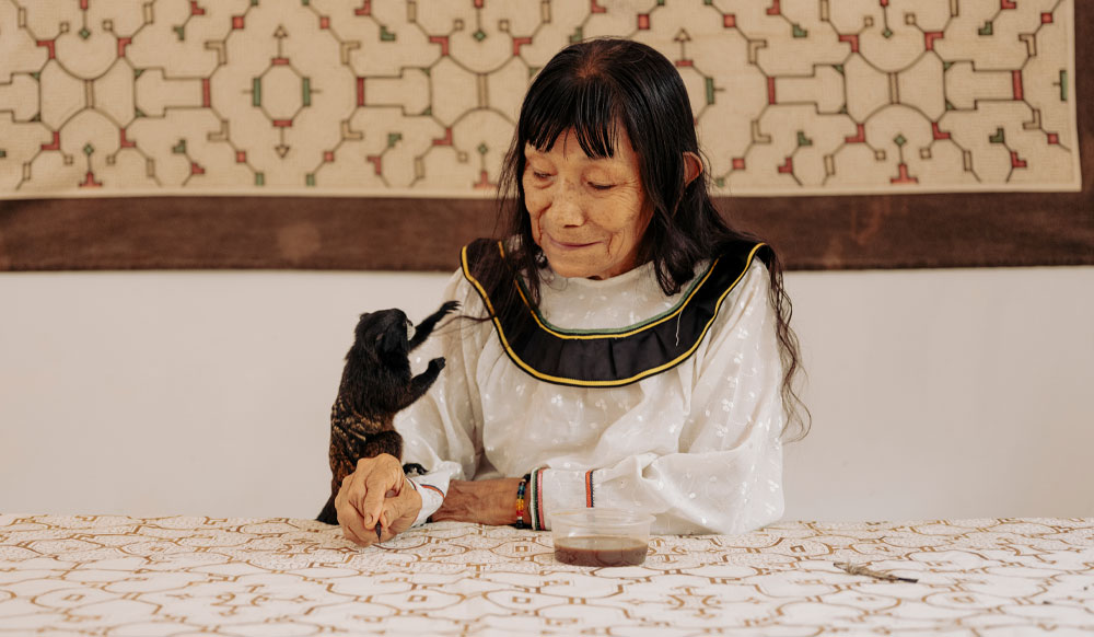 Sara Flores painting kené on a large canvas with a tamarin monkey beside her