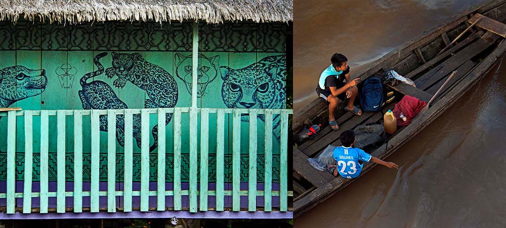 Amazon community artwork and local residents traveling by canoe in Peru.