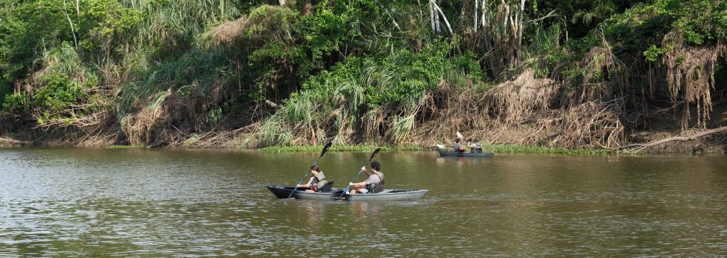 Delfín guests kayaking beside the rainforest in the Peruvian Amazon