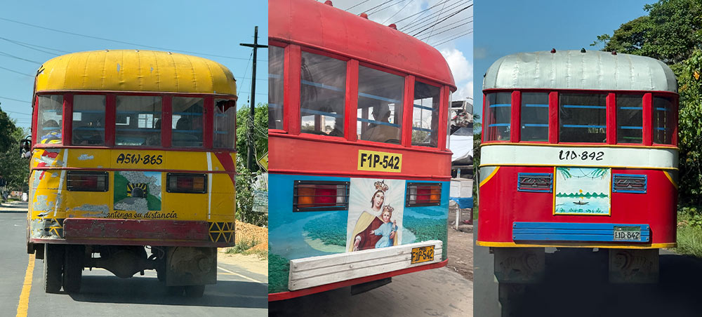Colorfully painted wooden buses in Iquitos, Peru