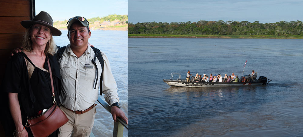 Guests travelling by skiff across a river in the Peruvian Amazon